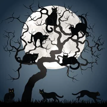 Black cats on tree Stock Illustration