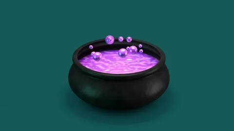 Black cauldron filled with bubbling purple potion on a teal background, with Stock Footage 345504873