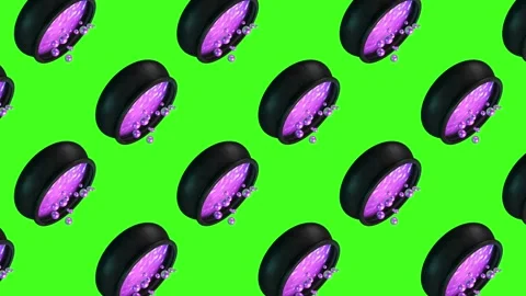 Black cauldrons filled with purple potion rotate in a repeating pattern on a Stock Footage 346045524