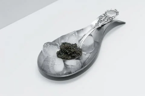 Black caviar on a beautiful silver tea spoon on ice cubes Stock Photos