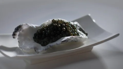 Black Caviar in Oyster Shell Stock Footage 107560274