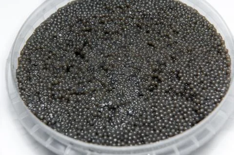Black caviar in a plastic container Stock Photos