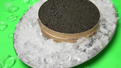 Black caviar in a tin can jar on crushed ice in 4K. Video stock 149605071