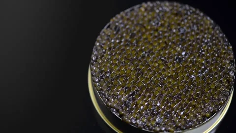 Black Caviar in tin can rotating on black background. High quality caviar Stock Footage 280666841