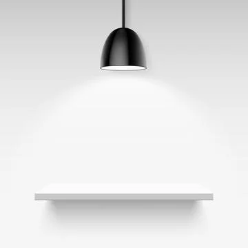 Black ceiling lamp and empty white shelf on a light gray background Stock Illustration