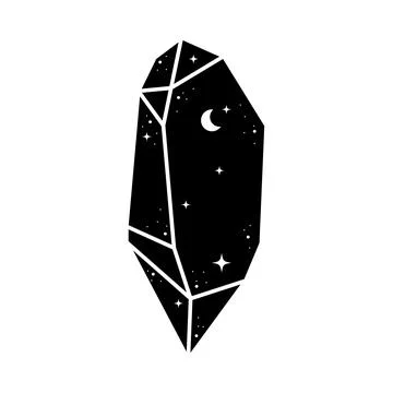 Black celestial crystal icon. Astrology crystals with ctars and moon. Mystica Stock Illustration
