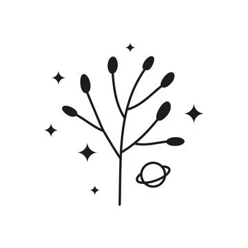 Black celestial leafy branch and stars, planet. Stock Illustration
