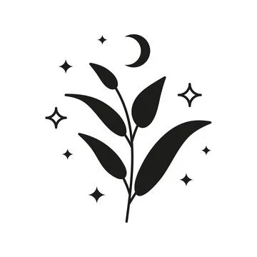 Black celestial leafy branch and stars, crescent moon. Stock-Illustration
