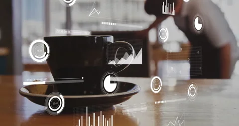 Black ceramic coffee cup sitting on matching saucer, showing floating AR timers, Stock Footage 307447386