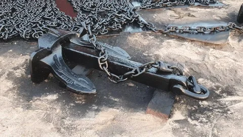 Black chain and anchor on the ground 스톡 동영상 342082425