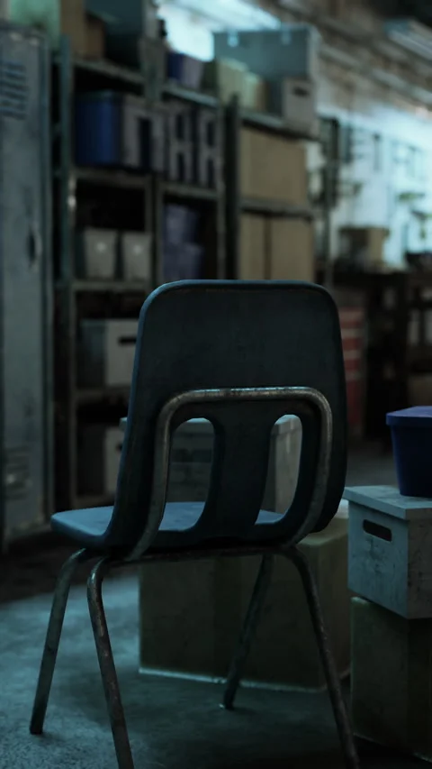 Black Chair Next to Stack of Boxes in Old Auto Repair Shop Stock Footage 283909091