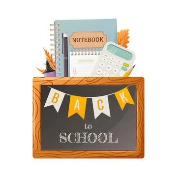 Black chalk board with back to school text, flag garland. Stationery Stock Illustration