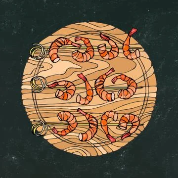 Black Chalk Board Background. Cooked Shrimps on Skewers on Round Cutting Board Stock-Illustration