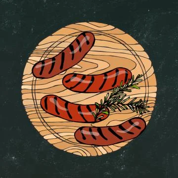Black Chalk Board Background. Grilled Sausages with Rosemary on a Round Wooden Stock Illustration
