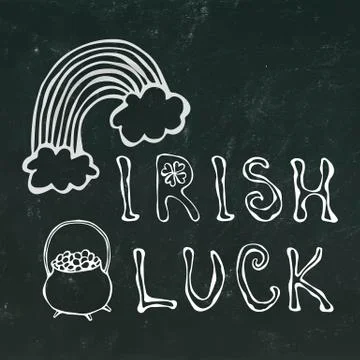 Black Chalkboard Background Irish Luck Lettering with Rainbow and Pot of Gold Stock Illustration