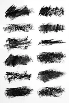 Black Charcoal Brush Stroke Texture Set Isolated on White Background 스톡 일러스트