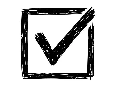 Black check mark in box with hand drawn effect, isolated on white background Stock Illustration