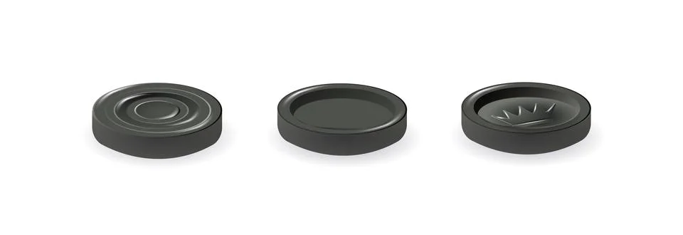 Black checkers chips. 3d realistic round badge with circle convex lines on 스톡 일러스트