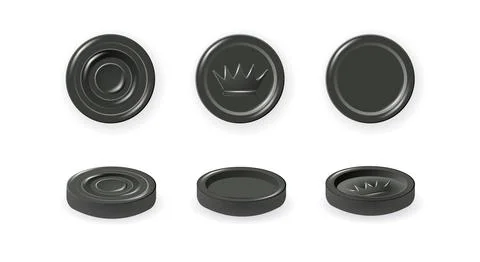 Black checkers chips. 3d realistic round badge with circle convex lines on 스톡 일러스트
