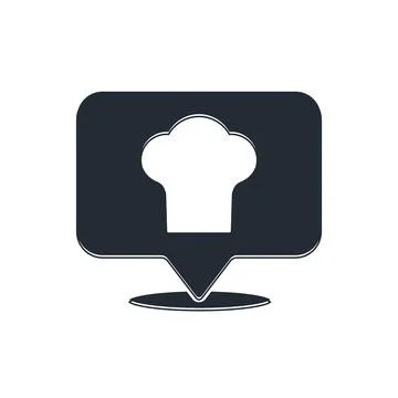 Black Chef hat with location icon isolated on white background. Cooking sym.. Ilustración de archivo