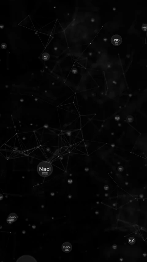 Black chemistry molecule network background white atom labels, connected molecul Stock Footage 340549470
