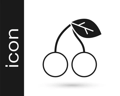 Black Cherry icon isolated on white background. Fruit with leaf symbol. Vector Stock Illustration