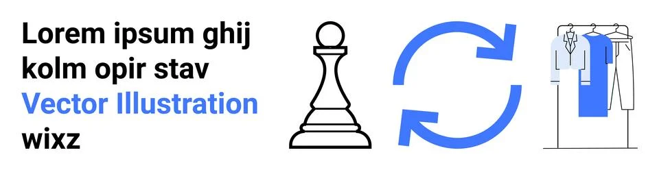 Black chess pawn, blue refresh icon, clothes on rack. Ideal for strategy, ren Stock Illustration