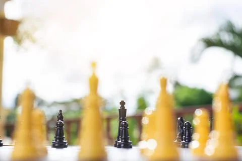 Black chess piece on the table Stock Photos