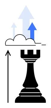 Black chess rook below cloud, three upward arrows in shades of blue, large bl Stock Illustration