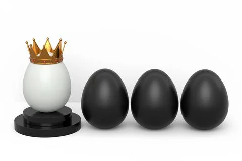 Black chicken eggs in row and unique gold egg in royal king crown on podium Ilustração Stock