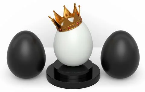 Black chicken eggs in row and unique gold egg in royal king crown on podium Stock Illustration
