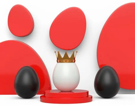 Black chicken eggs in row and unique white egg in gold royal crown on podium Stockillustratie