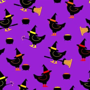 Black Chicken witch pattern seamless. Magic rooster background. Ornament of.. Stock Illustration