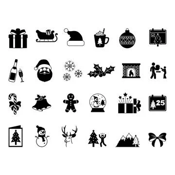 Black Christmas Icon Set. Vector Icons Gift, Snow, Surprise, Santa, Champag.. 스톡 일러스트