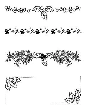 Black Christmas patterns and frame on white background, illustration Illustrazione stock