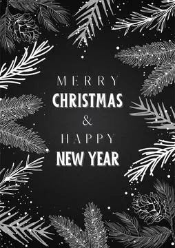 Black christmas with pine tree design. Text merry Christmas and happy new yea Stock Illustration