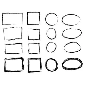 Black circle and square frames. Brush strokes. design elements set Illustrazione stock