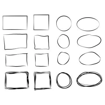 Black circle and square frames. Brush strokes. design elements set Illustrazione stock