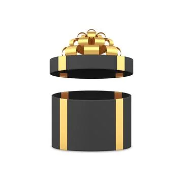Black circle gift box open present package with luxury golden bow ribbon 3d.. Stock Illustration