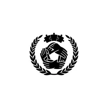 Black circle logo with holding hands crown and laurel wreath Stock Illustration