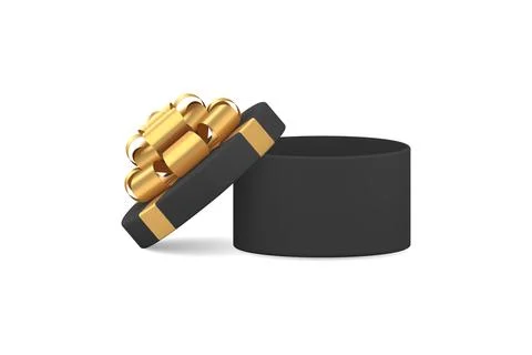 Black circle open gift box with premium glossy golden bow ribbon 3d icon real Stock Illustration
