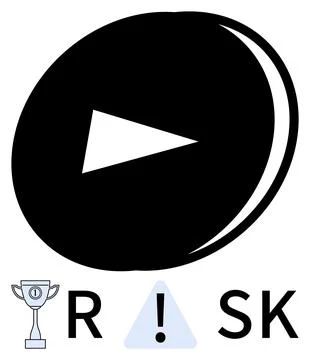 Black circle with play button, trophy on left side, triangle with exclamation Stock Illustration