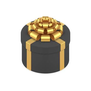 Black circle premium gift box with golden glossy bow ribbon 3d icon realistic Stock Illustration