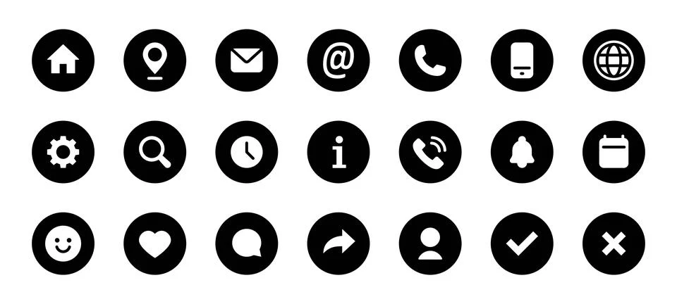 Black circle UI icons. Solid home, location, mail, phone, user, chat, setti.. Illustrazione stock
