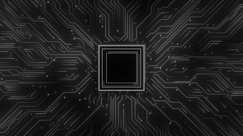 Black circuit board chip background with white electronic traces, central square Stock Footage 340549184