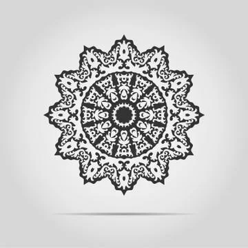 Black circular abstract pattern isolated. Round vector ornament. Snowflake Illustrazione stock