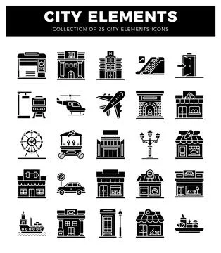 Black city element icons in a grid. イラスト素材