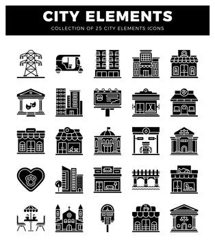 Black city elements icons. including buildings. transportation. and utiliti.. イラスト素材