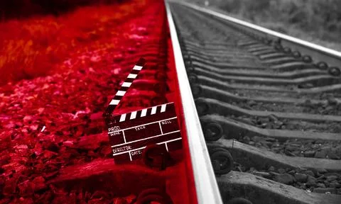 Black clapperboard with train tracks on background. Directing and filming c.. Stock Photos