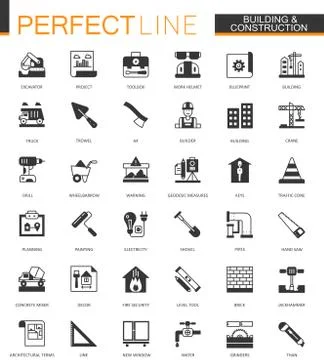 Black classic Building and construction tools web icons set. Home repair items. Illustrazione stock